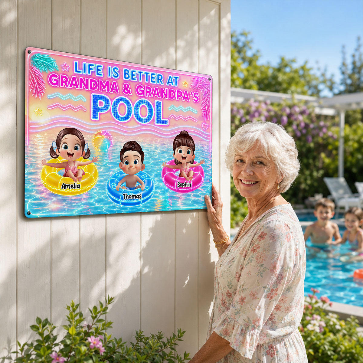 Neon Summer Life is Better in Grandma Grandpa's Pool - Personalized Metal Sign - Summer Decor Gift for Grandma, Grandparents