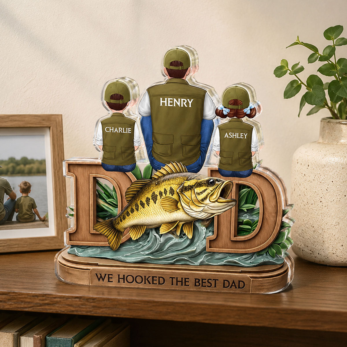 Fishing Dad And Kids Sitting Together - Personalized Acrylic Block Plaque - Heartfelt Gift For Fishing Dad, Husband