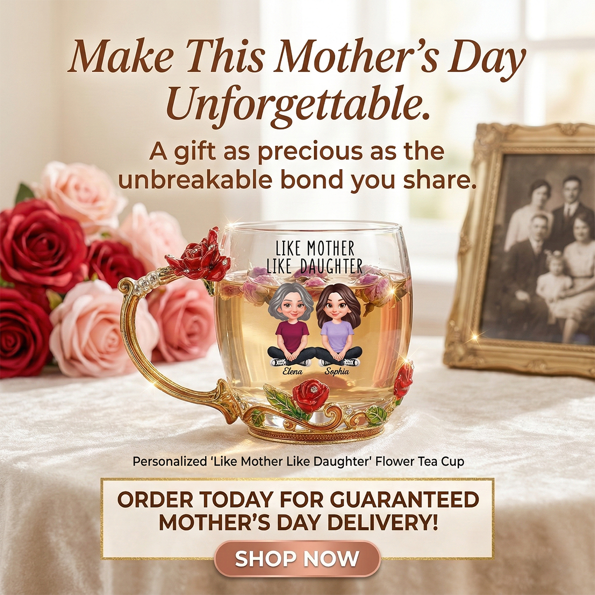 Like Mother Like Daughter Son - Personalized Enamel Flower Tea Cup - Gift For Mom