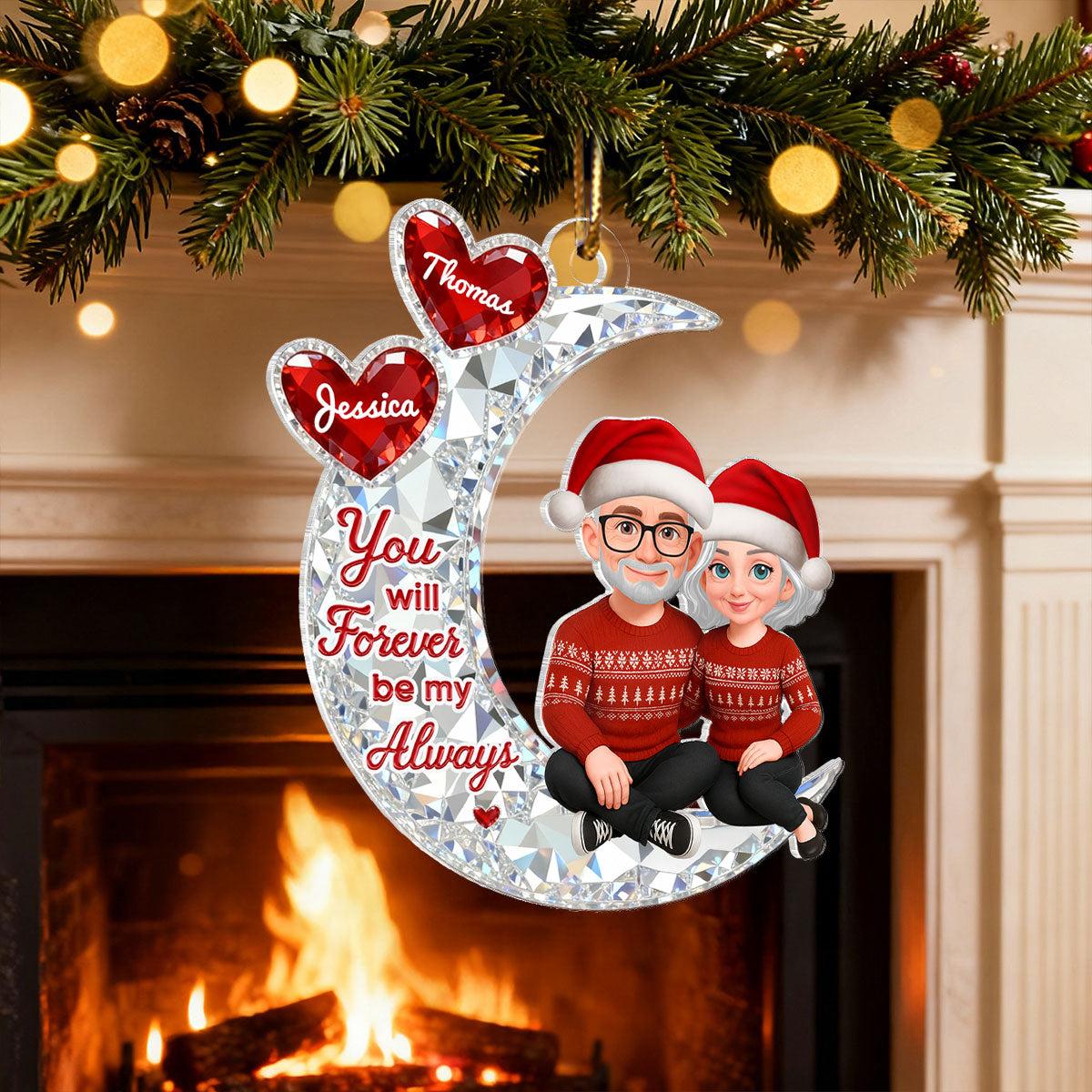 3D Effect Flat Couple Sitting On Moon - Personalized Acrylic Ornament - Heartfelt Gift For Couple, Gift For Him, For Her