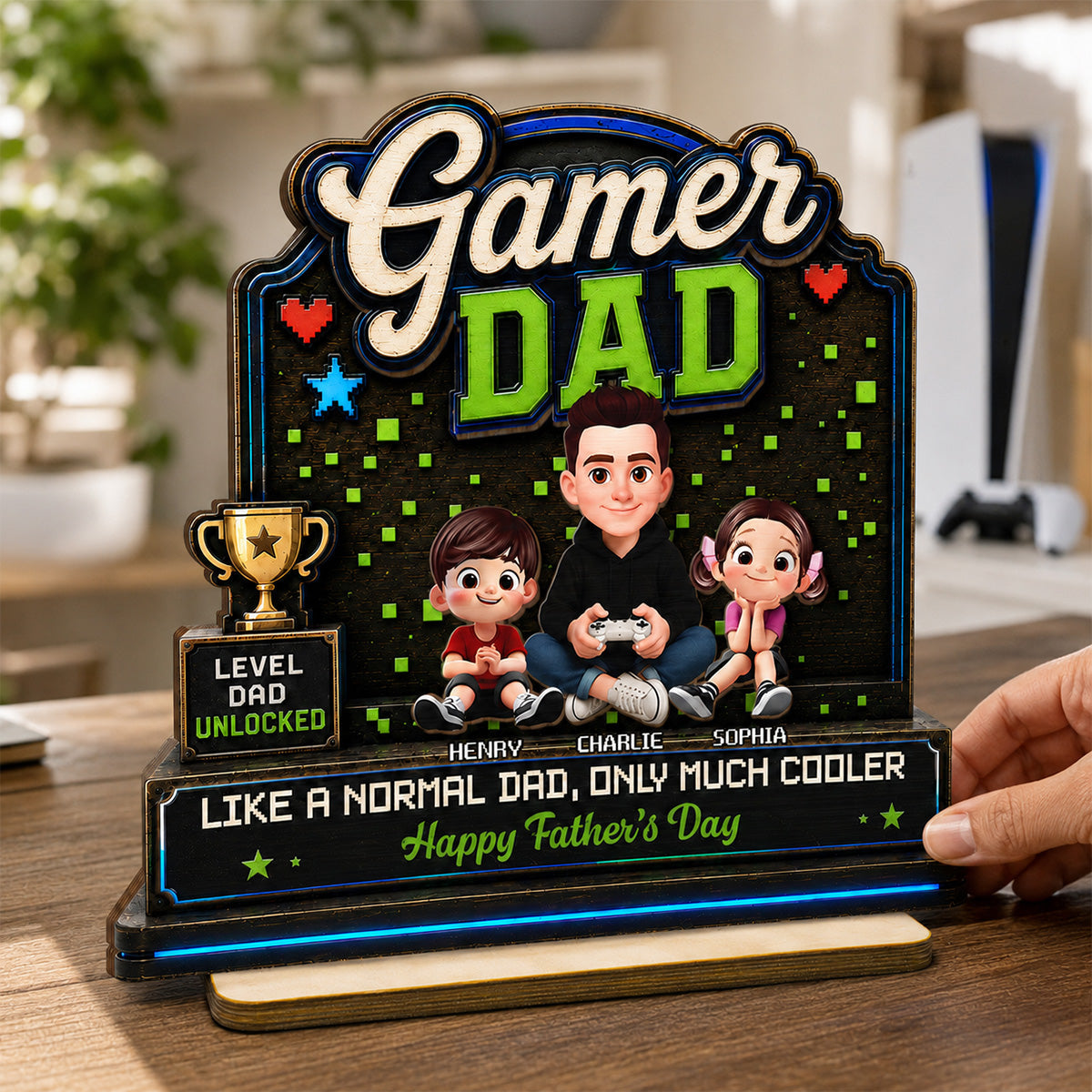 Gamer Dad & Kids - Personalized 2-Layered Wooden Plaque -  Gift For Gamer Dad