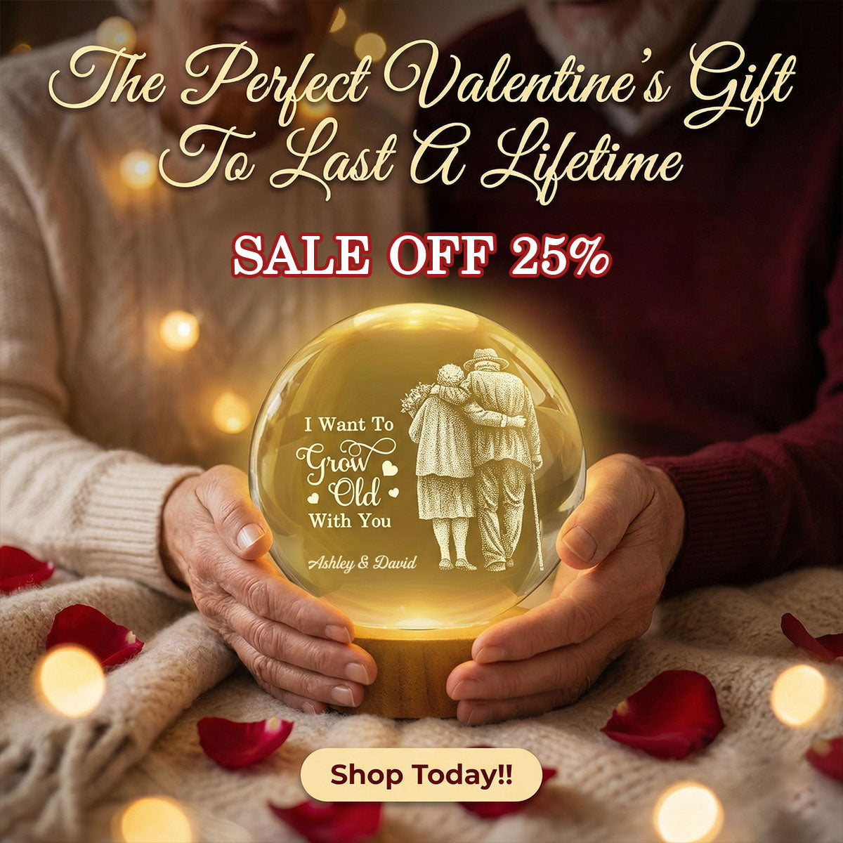 Eternal Love Old Couple Wanna Grow Old With You - Personalized Crystal Ball LED Night Light - Valentine's Day Gift For Couple