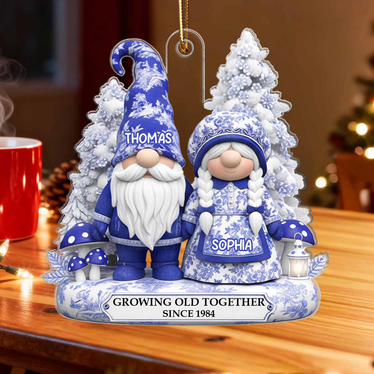 3D Effect Standing Gnome Couple Toile De Jouy Pattern - Personalized Acrylic Ornament