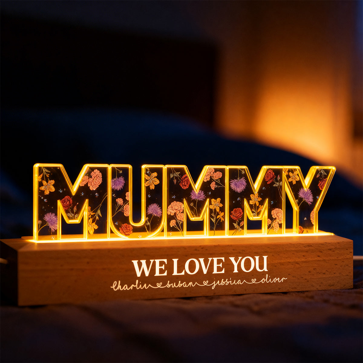 Custom Birth Month Flower Printed - Personalised Acrylic Block LED Night Light - Gift for Mum, Nanny, Wife