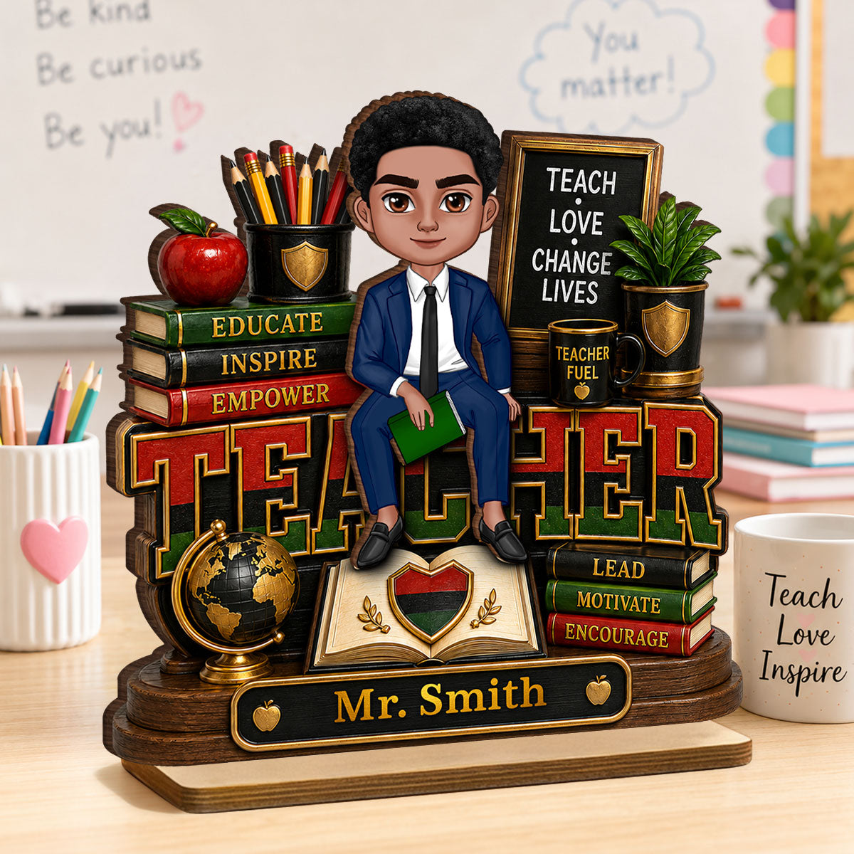 Teach Love Changes Life - Personalized 2-Layered Wooden Plaque - African American Male Teacher Appreciation Gift