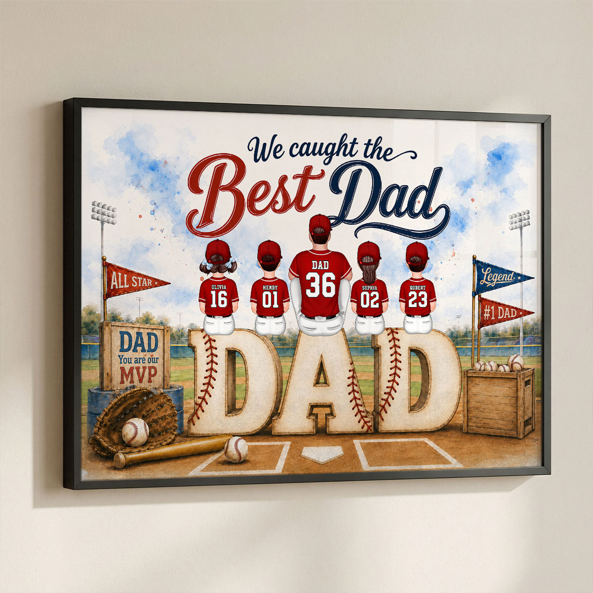 Watercolor Style Baseball Family Daddy's Dream Team - Personalized Poster - Father's Day Gift For Dad, Husband