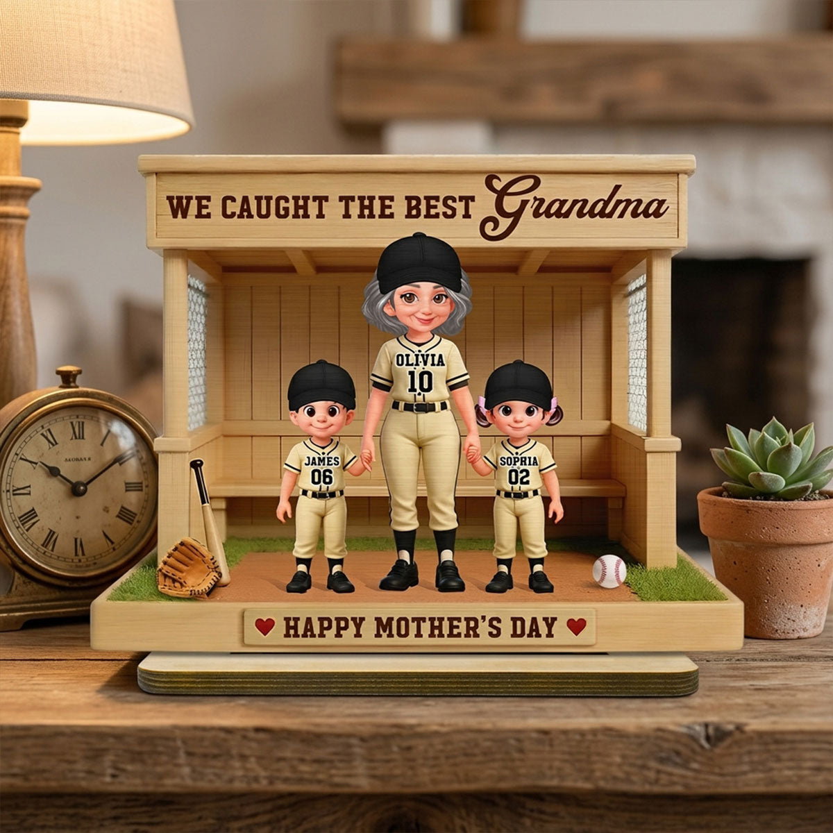 We Caught The Best Grandma Baseball Dugout - Personalized 2-Layered Wooden Plaque - Mother's Day Gift For Baseball Grandma, Mom