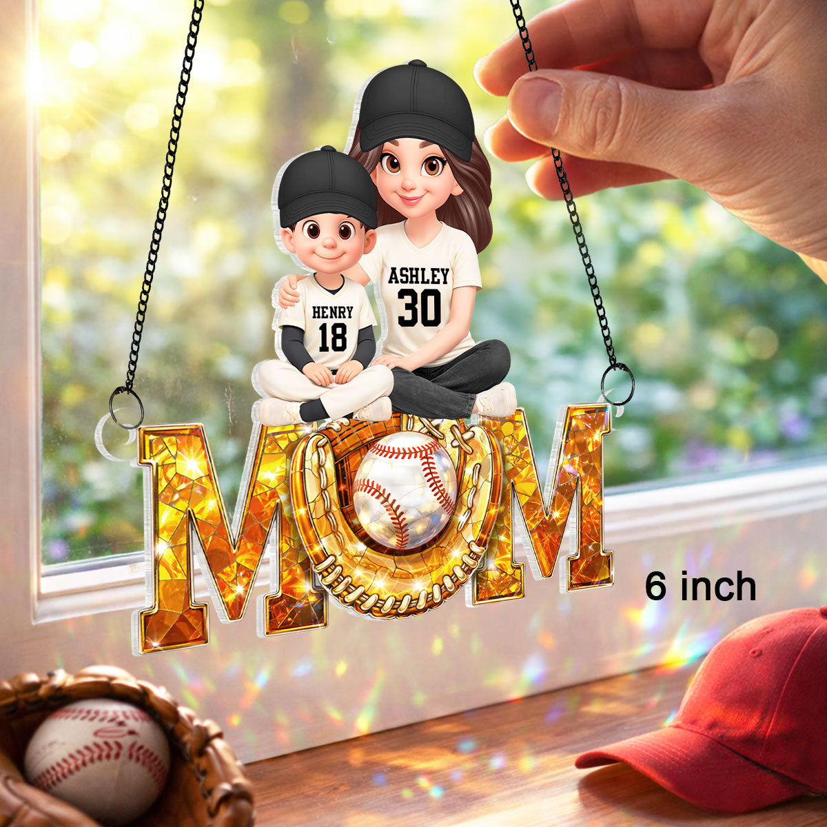 Baseball Mom And Kids Sitting We Caught The Best Mom - Personalized Suncatcher - Heartfelt Mother's Day Gift for Mom, Wife