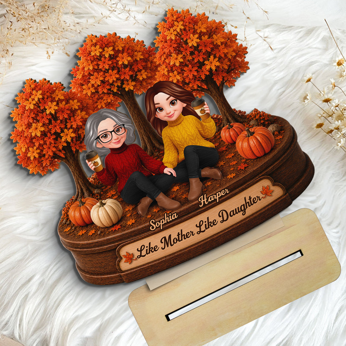 Mother Daughters Fall Season Forest 2D Flat - Personalized Wooden Plaque