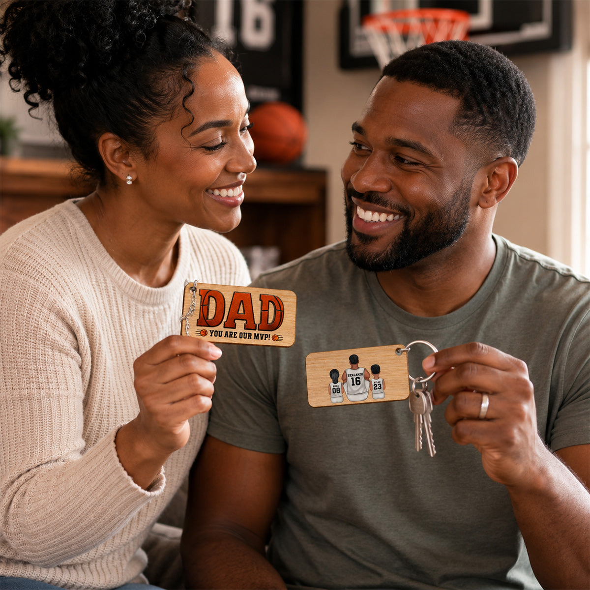 Dad You Are Our MVP Sitting Basketball Man & Kids - Personalized Wooden Keychain - Father's Day Gift For Basketball Dad