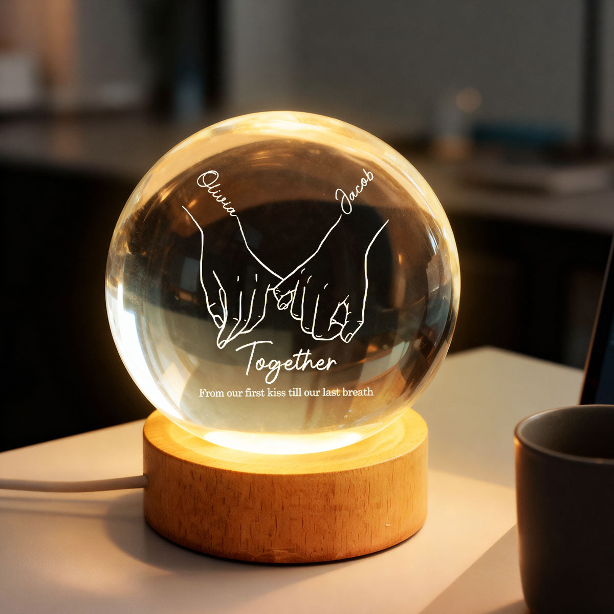 Couple Interlocked Hands - Personalized Crystal Ball LED Night Light - Sentimental Gift for Her, for Him, Couple Keepsake