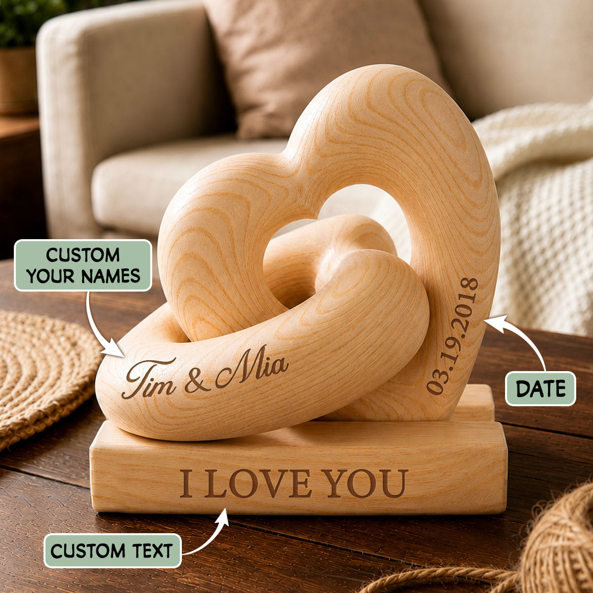 Personalized Wooden Heart Sculpture, Custom Couple Names Gift, Romantic Anniversary Gift, Heartfelt Gift for Her, Gift for Him