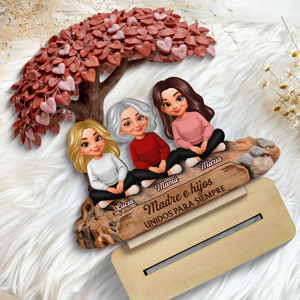 Mamá y Hija Hijo Bajo el Árbol del Corazón - Placa de Madera Personalizada de 2 Capas - Regalo para Mamá