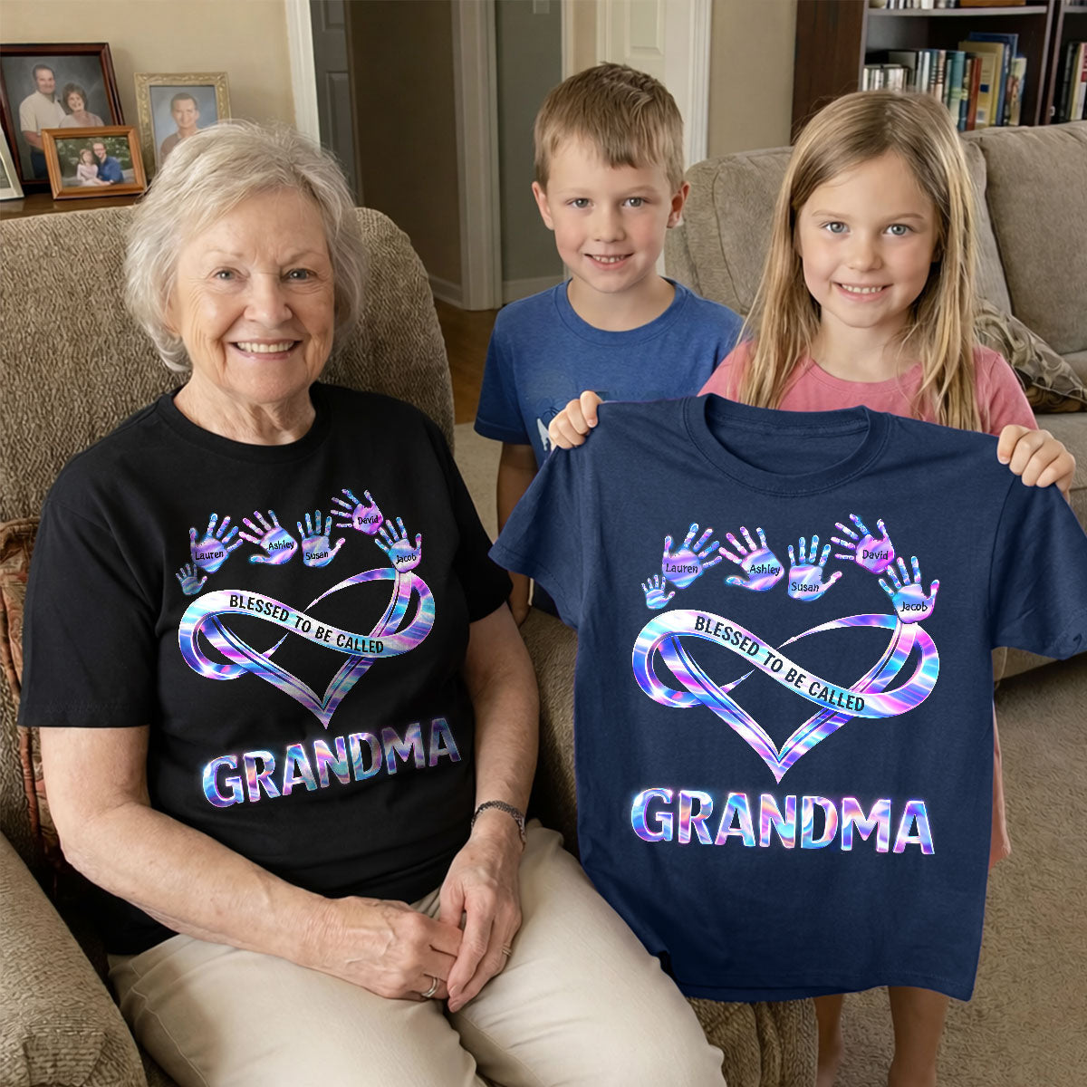 Blessed to be Called Grandma Mom with Kids' Handprint - Personalized Shirt - Sentimental Gift for Grandma, Mom