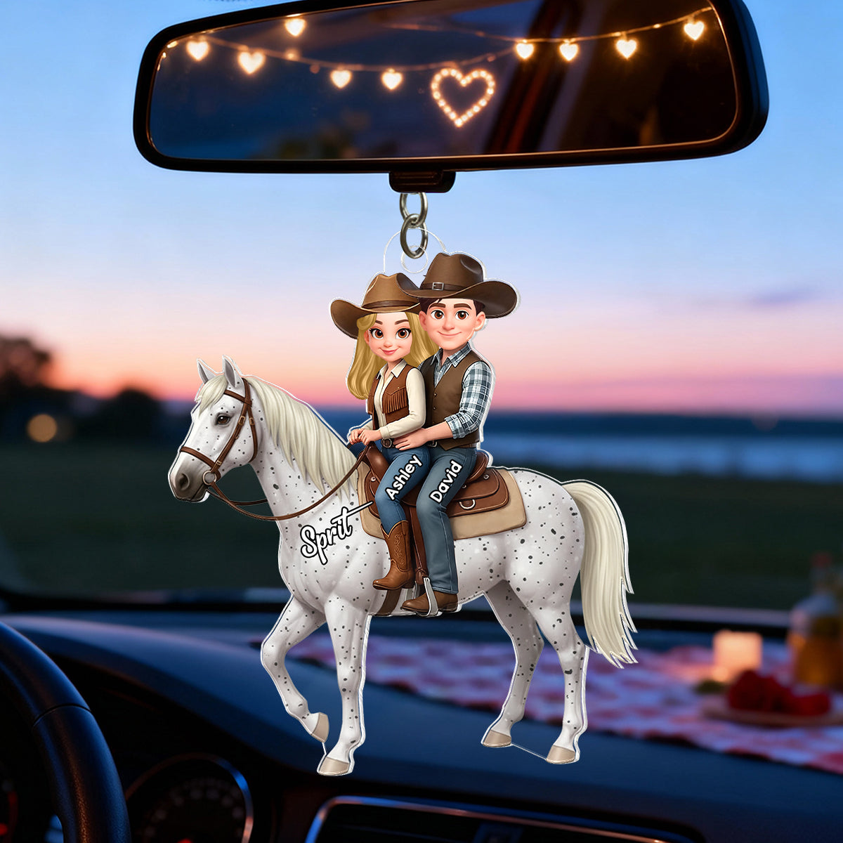 3D Effect Couple And Their Horse - Personalized Acrylic Car Hanger - Valentine's Gift For Couple, For Horse Lovers