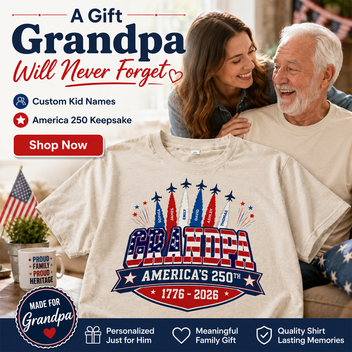 Proud Grandpa Dad Jets Smoke Custom Kid Name - Personalized Shirt - American 250th Anniversary Keepsake For Husband, Dad, Grandpa