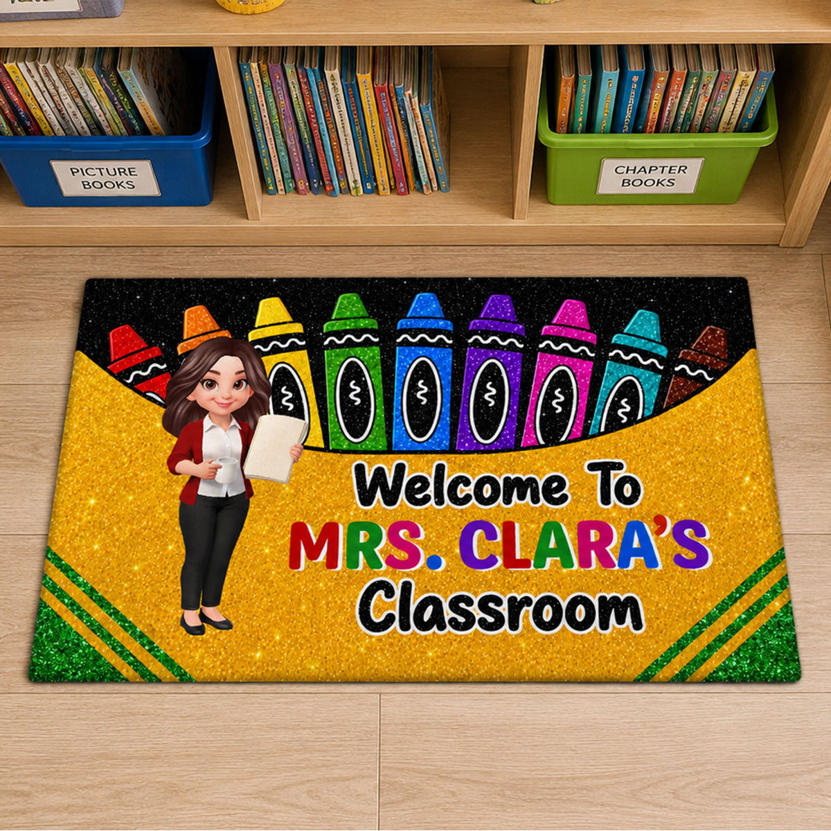 Teacher Happy Crayon Box Welcome To Classroom - Personalized Doormat - Back To School Gift For Teacher, Classroom Decor
