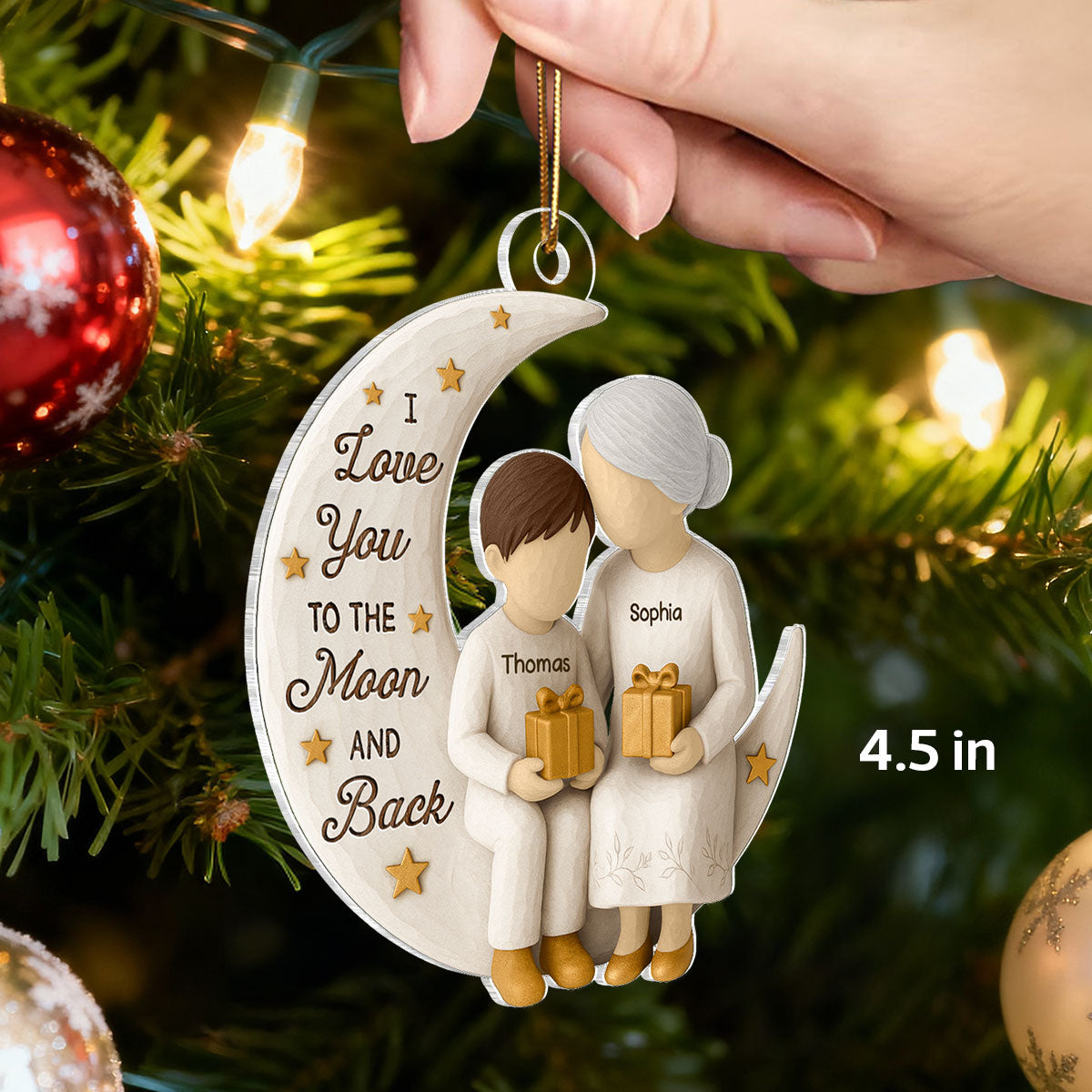 3D Effect Golden Star Grandma Grandkid On Moon - Personalized Acrylic Ornament - Gift For Granddaughter, Grandson