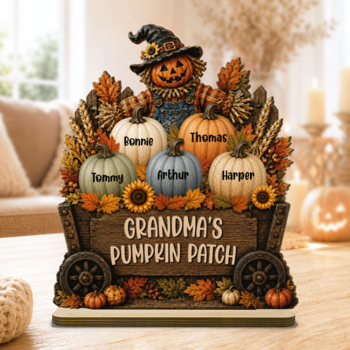 Grandma's Pumpkin Patch Scarecrow Pumpkins On Wagon 2D Flat - Personalized 2-Layered Wooden Plaque - Rustic Fall Decor