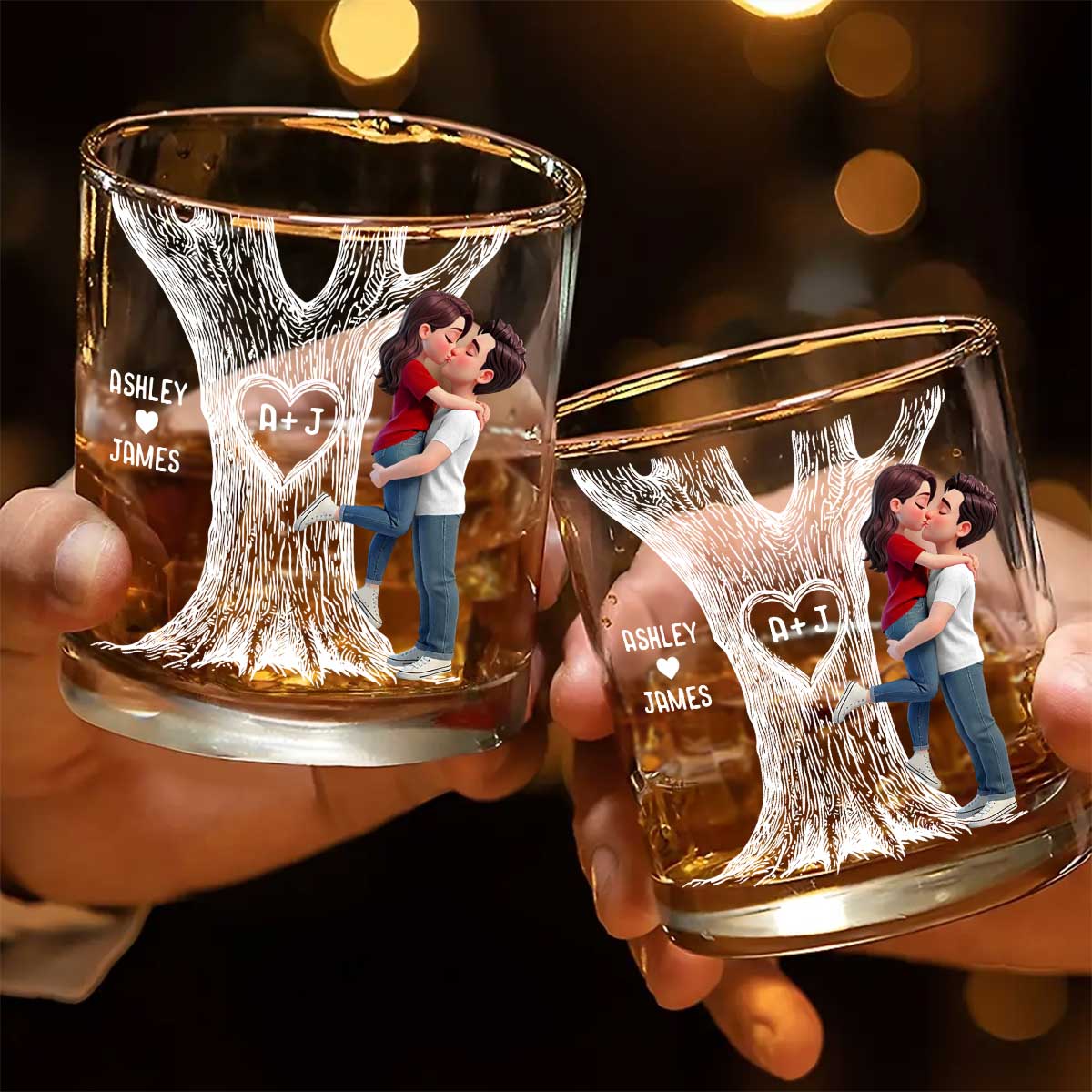 Eternal Love Couple Hugging Kissing Tree Of Love - Personalized Whiskey Glass, Wine Glass - Heartfelt Valentine, Anniversary Gift For Him, For Her