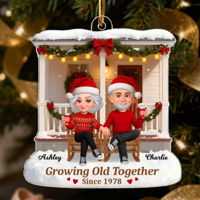 3D Effect Christmas Couple Sitting On Front Porch - Personalized Acrylic Ornament - Heartfelt Gift For Couple