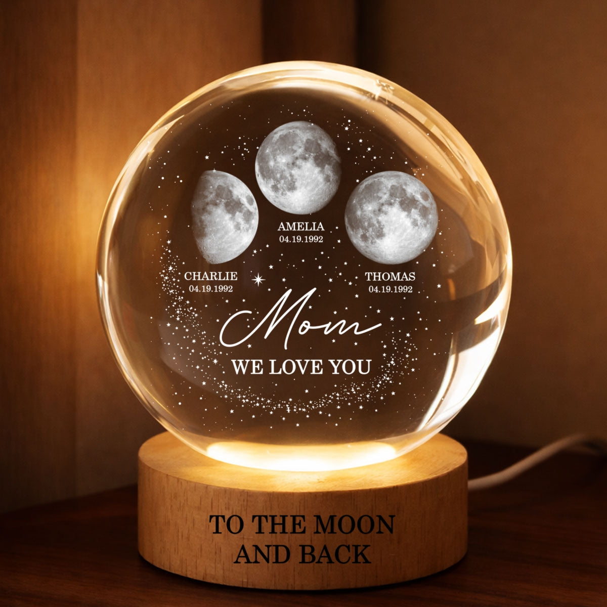 Love to the Moon and Back - Personalized Crystal Ball LED Night Light - Custom Moon Phase by Date, Mother's Day Gift for Mom, Wife