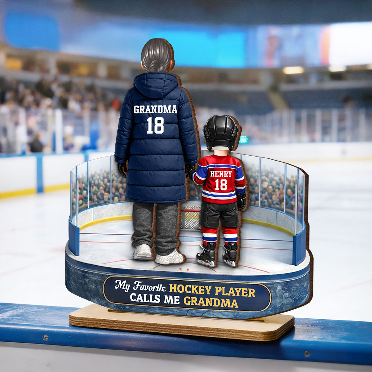 Hockey Grandma And Grandkids On The Ice - Personalized 2-Layered Wooden Plaque - Heartfelt Gift For Grandma