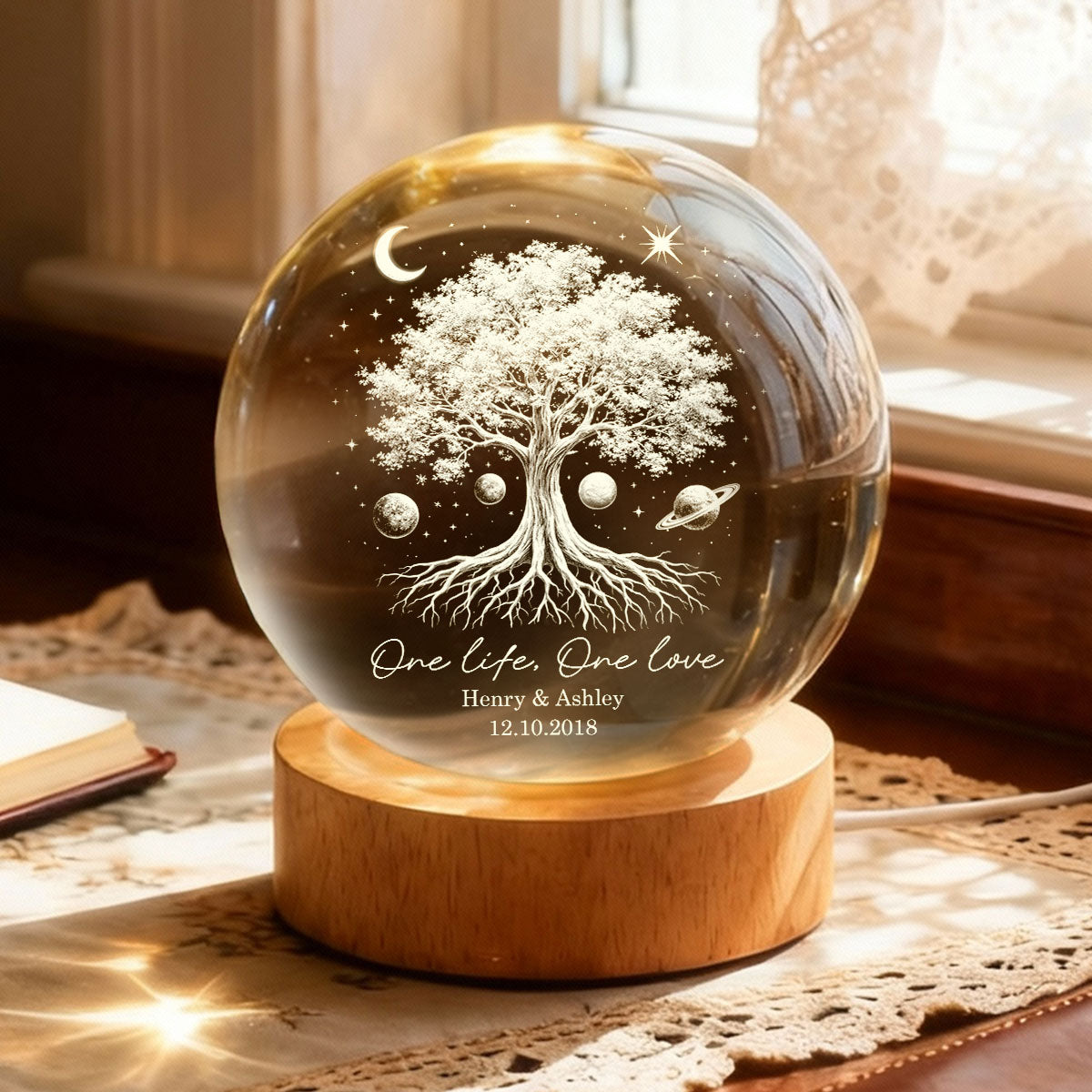 One Life One Love Couple Tree of Life - Personalized Crystal Ball LED Night Light - Sentimental Gift for Her, for Him, Couple Keepsake