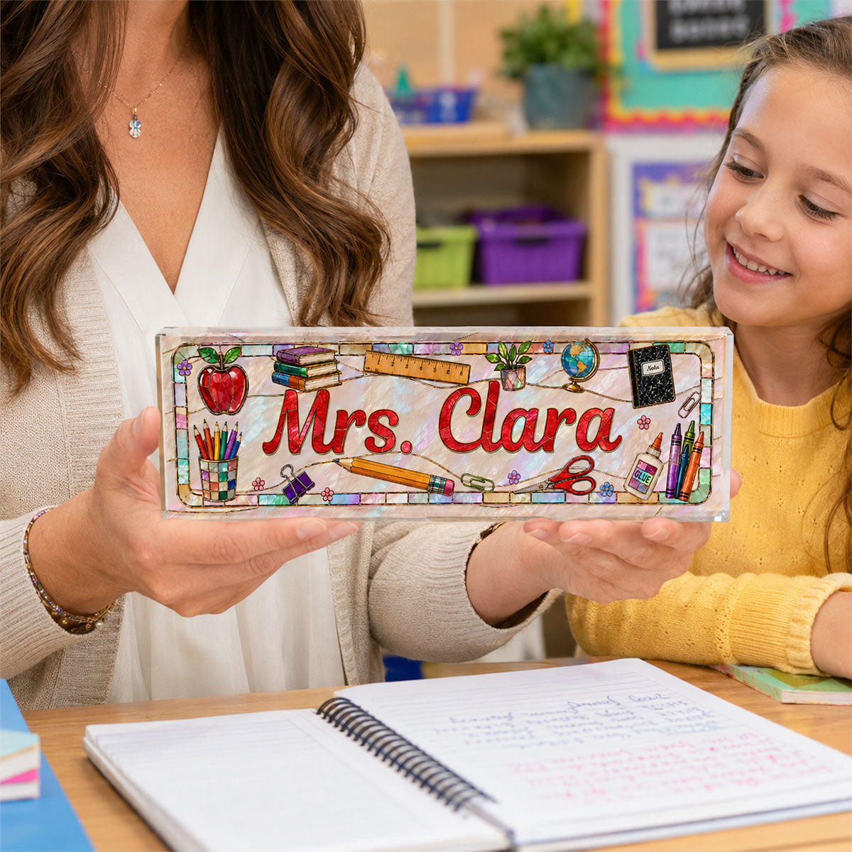 Teacher Name Faux Stained Glass - Personalized Acrylic Desk Name Plate – Classroom Desk Decor