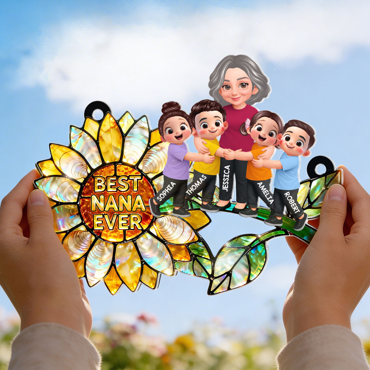 Sunflower Grandma Hugging Grandkids - Personalized Window Hanging Suncatcher - Mother's Day Gift for Mom, Wife