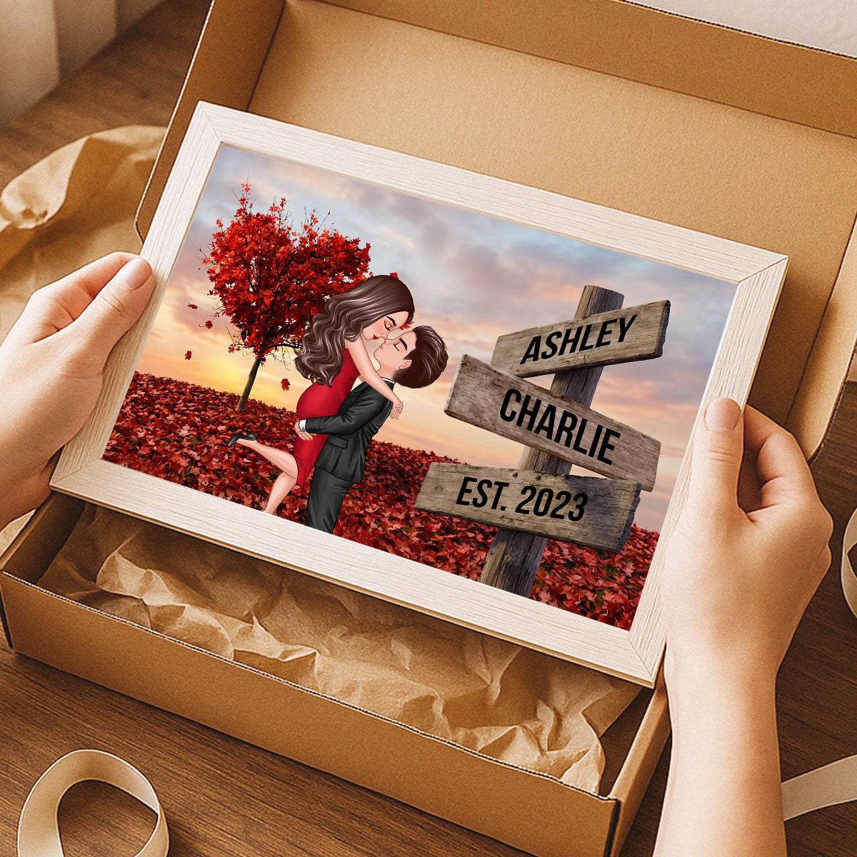 Couple Hugging Kissing Sign Post - Personalized Poster - Heartfelt Gift For Him, Her, Wife, Husband, Couple