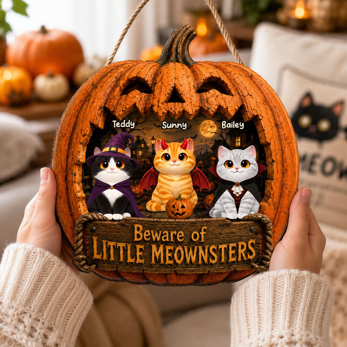 Spooky Halloween Pumpkin Cats - Personalized Wood Sign - Halloween Decor For Cat Lovers