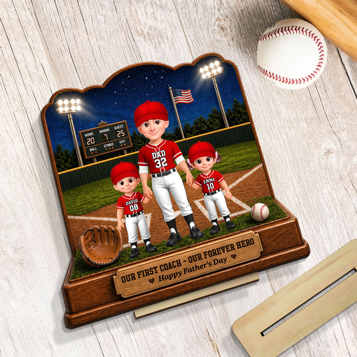Baseball Dad And Kids Friday Night Lights We Caught The Best Dad - Personalized 2-Layered Wooden Plaque -  Gift For Dad