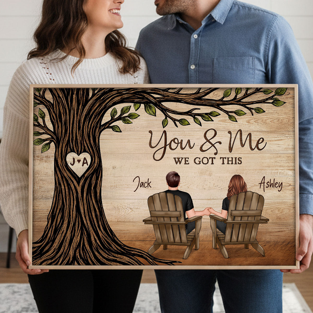 Couple Sitting Under Heart Carved Tree - Personalized Poster - Valentine's Day Gift For Couple