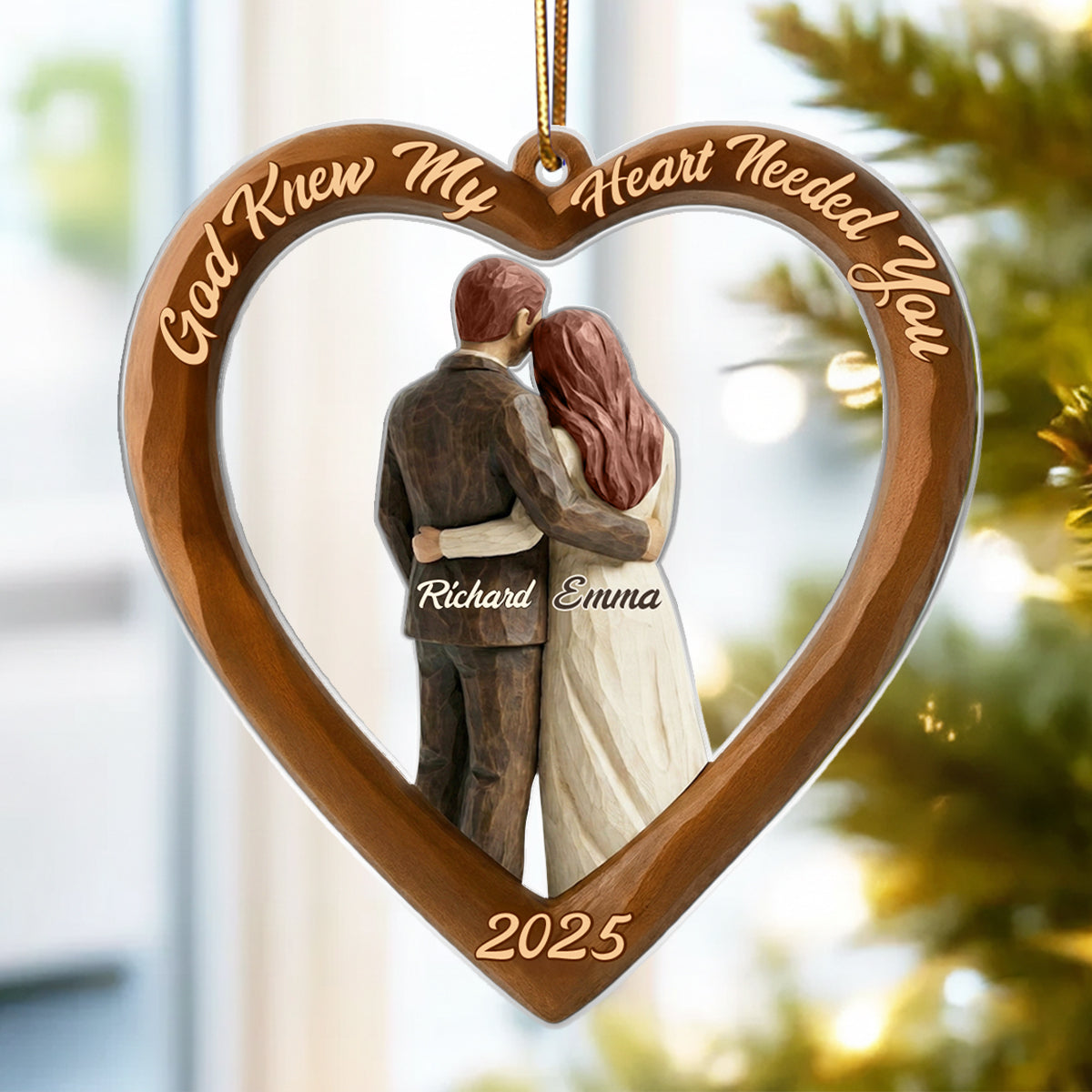 Couple Heart Christmas Faux Wood - Personalized Acrylic Ornament - Unique Christmas Gift For Grandma, Grandpa, Old Couple