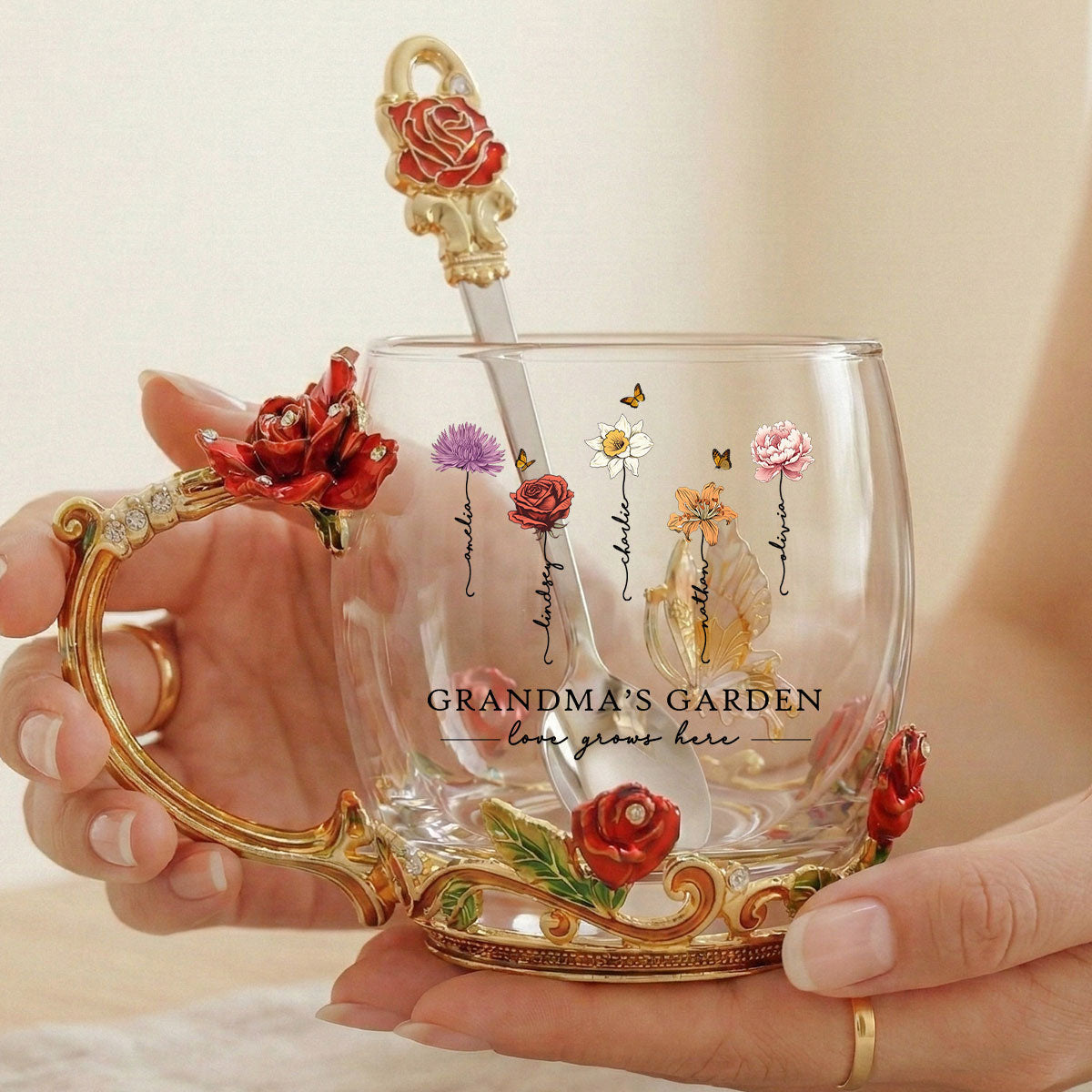 Grandma Garden Custom Birth Month Flowers - Personalized Enamel Flower Tea Cup - Gift For Grandma, Mom