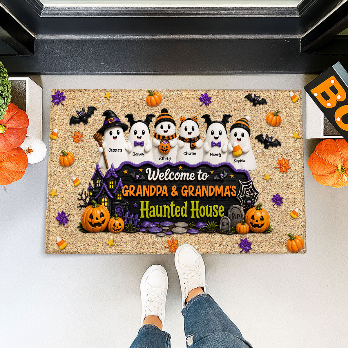 Halloween Welcome To Grandma Grandpa Haunted House Cute Boo Kids - Personalized Doormat - Halloween Decoration For Grandparents