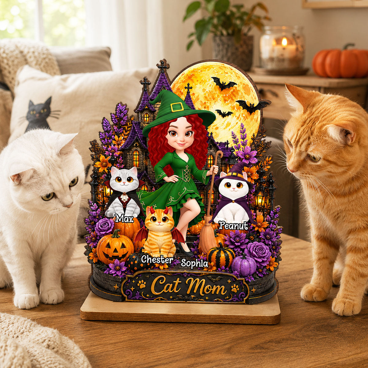 Cat Mom Witch Haunted House Moon - Personalized 2-Layered Wooden Plaque - Halloween Decor Gift, Gift For Cat Lovers