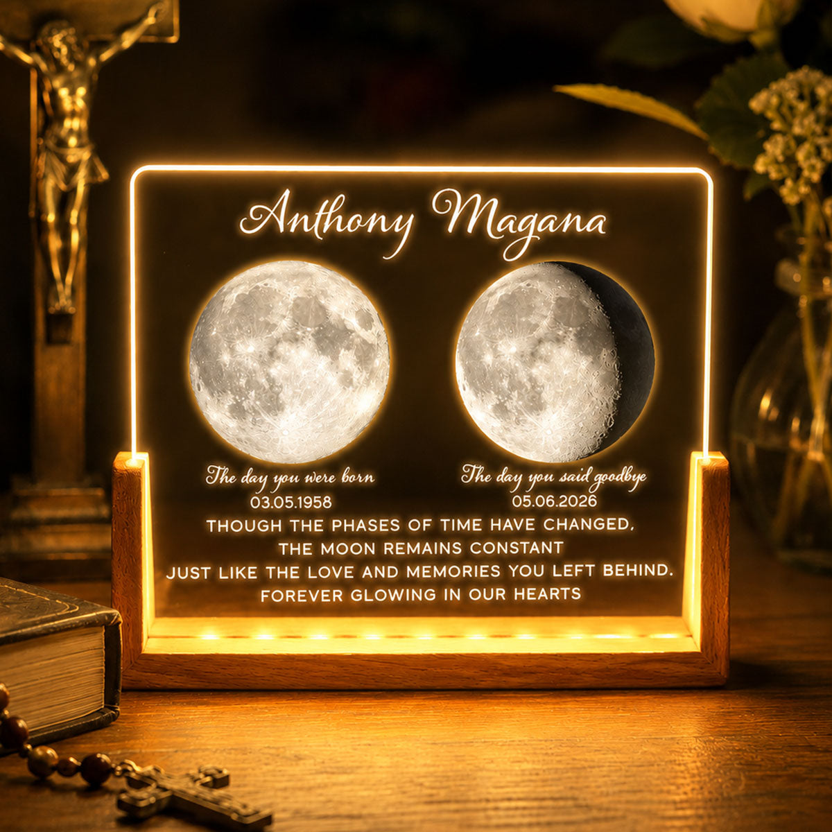 Lost Loved One Moon Phase Art Memorial - Personalized Acrylic LED Night Light - Memorial Gift, Sympathy Gift