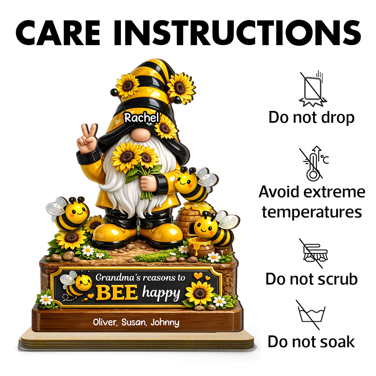 Grandma's Reasons to Bee Happy Cute Gnome - Personalized 2-Layered Wooden Plaque - Heartfelt Gift for Grandma