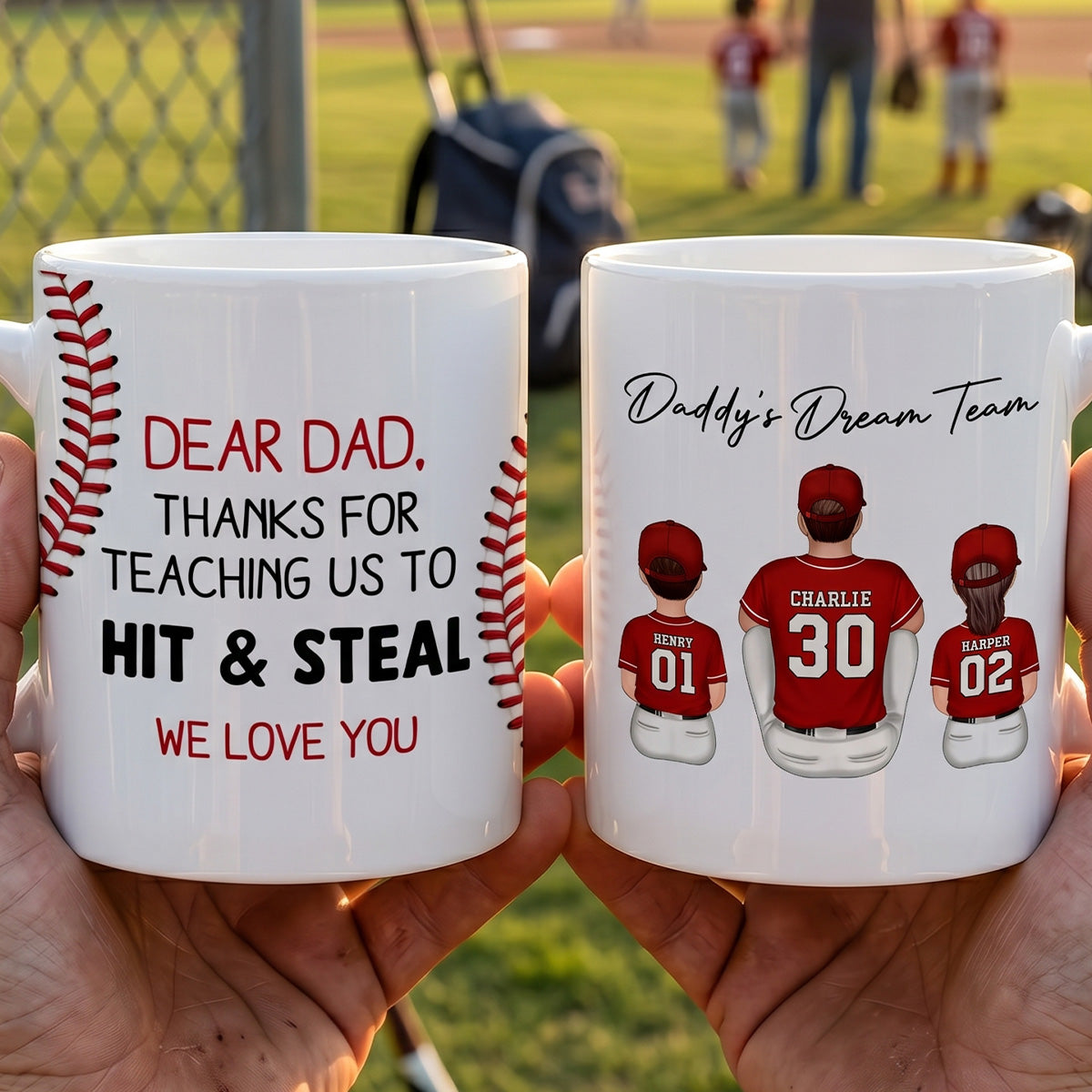 Thank You For Teaching Us To Hit & Steal Back View Baseball Dad & Kids - Personalized Mug - Father's Day Gift For Dad, Husband