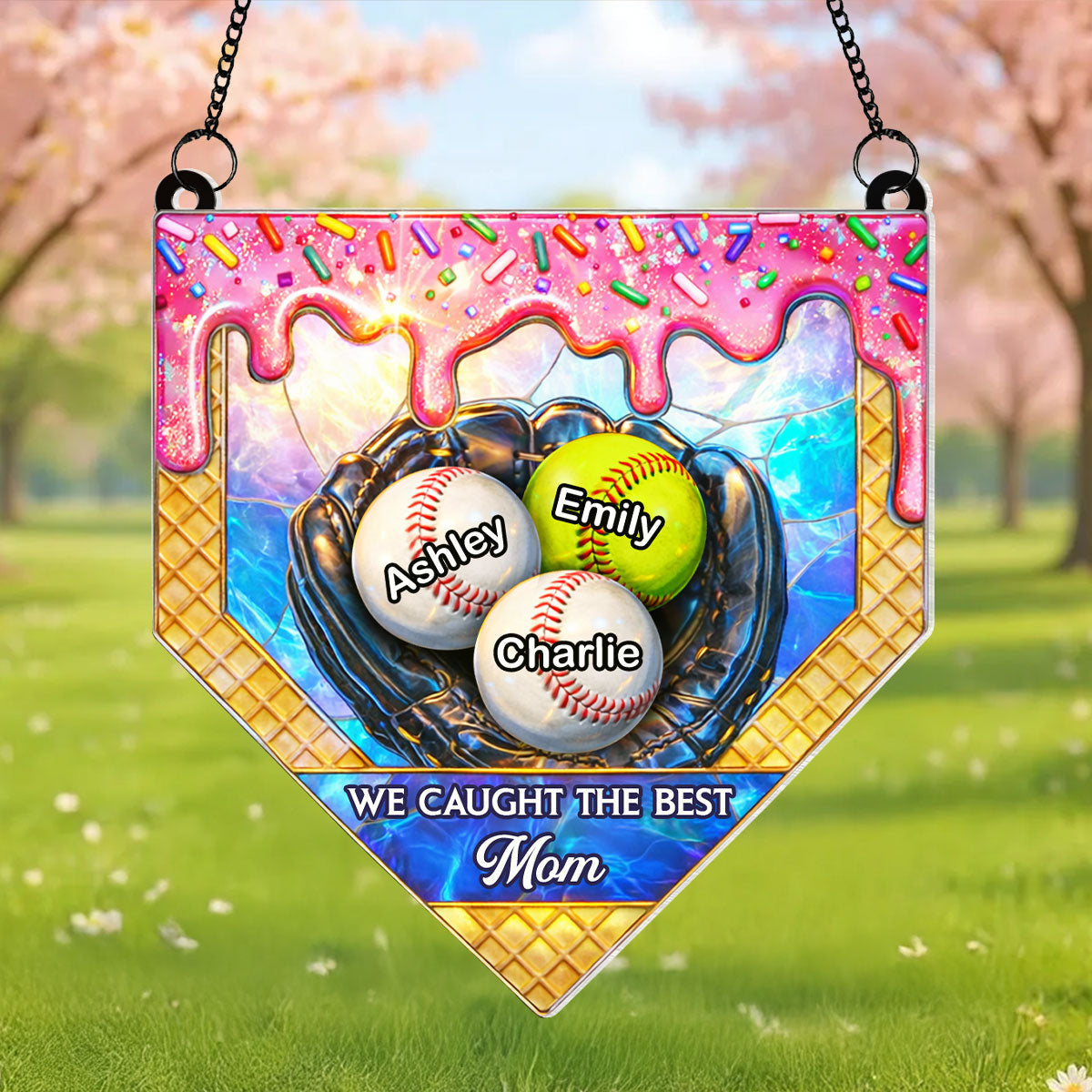 Icecream Drip Baseball We Caught the Best Mom - Personalized Suncatcher - Mother's Day Gift for Mom, Wife