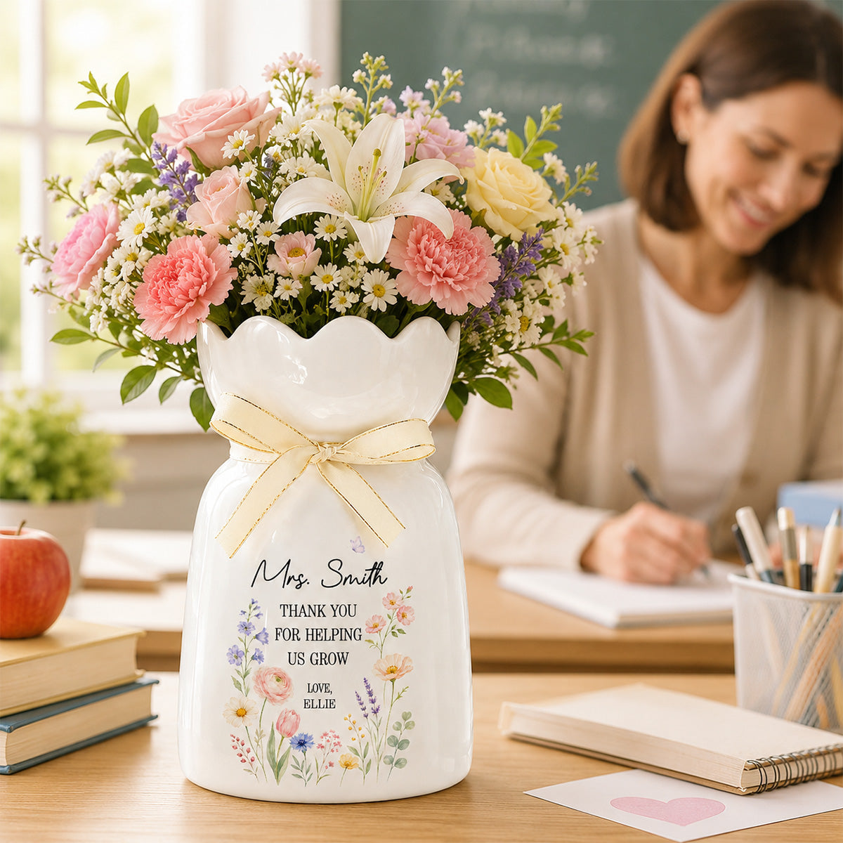 Thank You For Helping Us Grow - Personalized Ceramic Flower Vase - Teacher Appreciation Gift