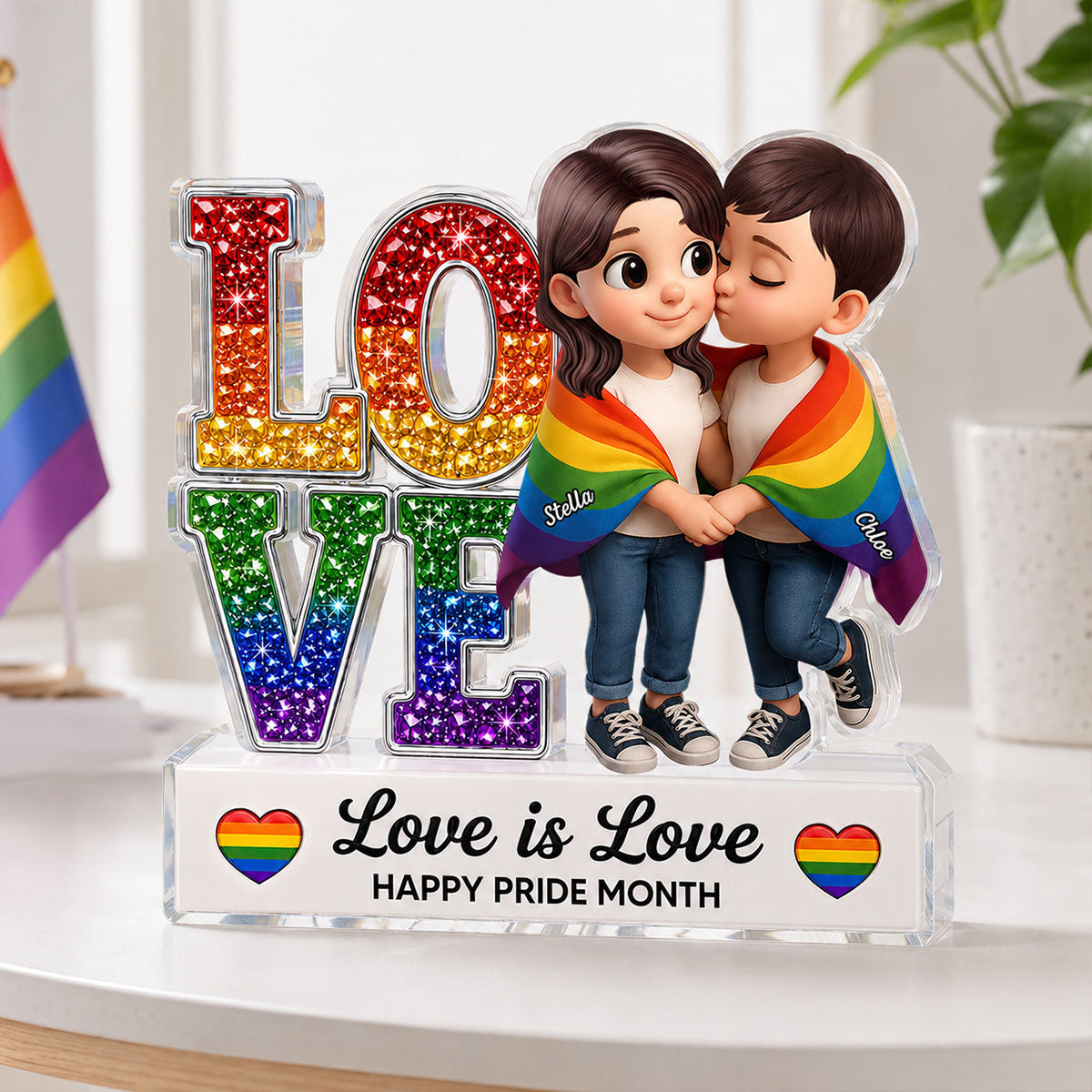 LGBT+ Couple Love Is Love - Personalized Acrylic Block Plaque - Gift For Couple, Happy Pride Month
