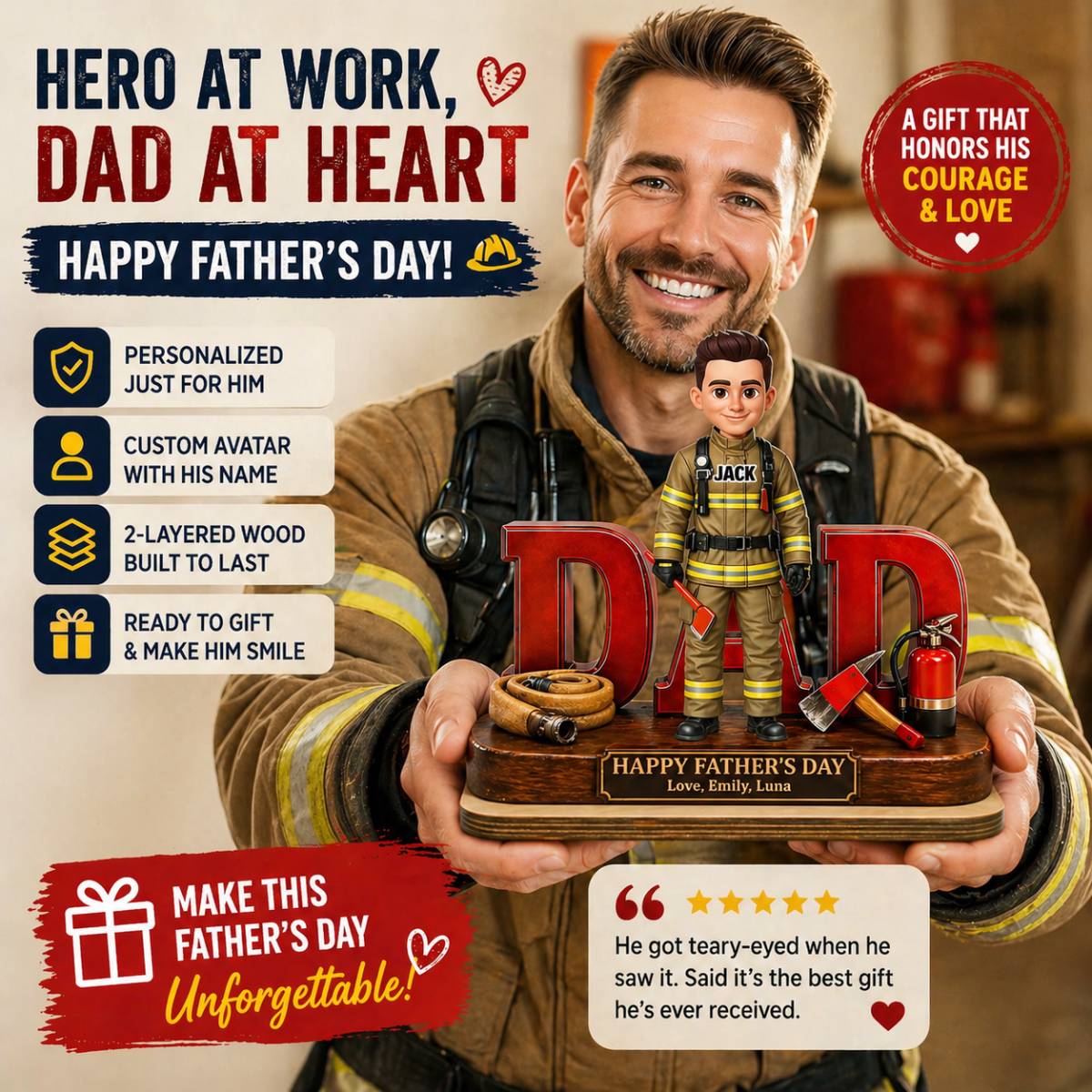 Proud American Firefighter Dad - Personalized 2-Layered Wooden Plaque -  Gift For Dad