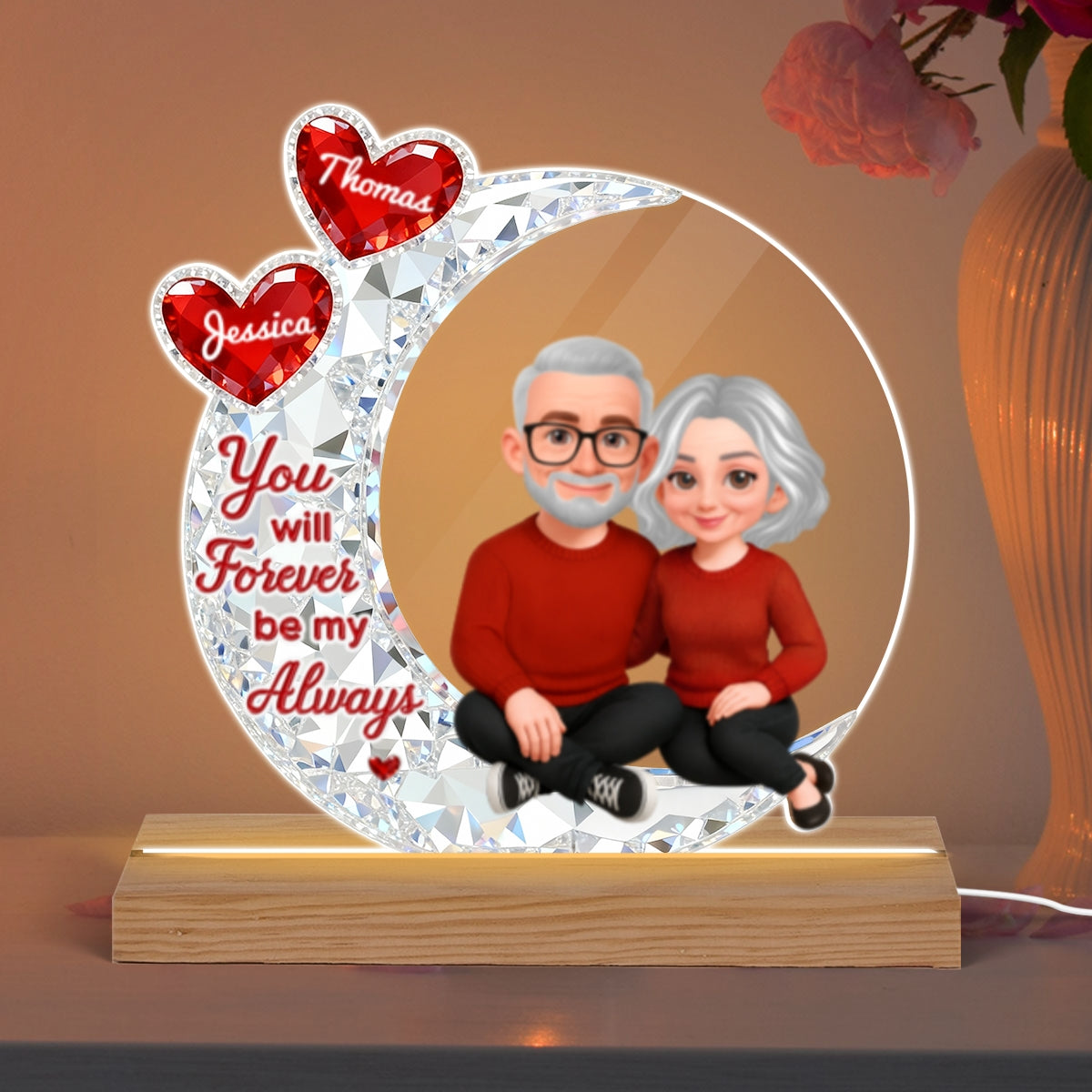 Eternal Love Couple Sitting On Moon - Personalized Plaque LED Night Light - Heartfelt Gift For Couple, Gift For Him, For Her