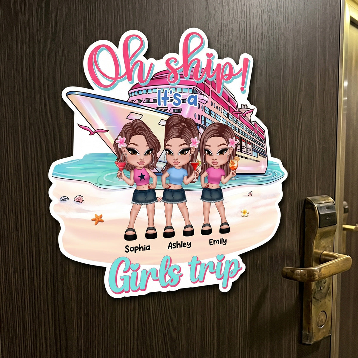 Y2K Cruising Besties On The Beach - Personalized Cruise Cabin Door Magnet - Girls Trip Cruise Trip Keepsake