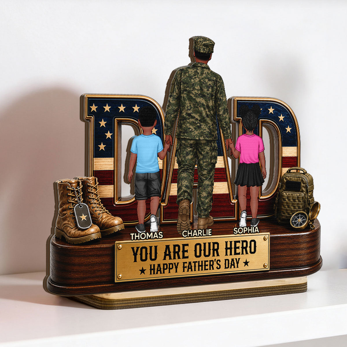 Nation Flag Military Dad You Are Our Hero - Personalized 2-Layered Wooden Plaque -  Gift For Dad, Husband