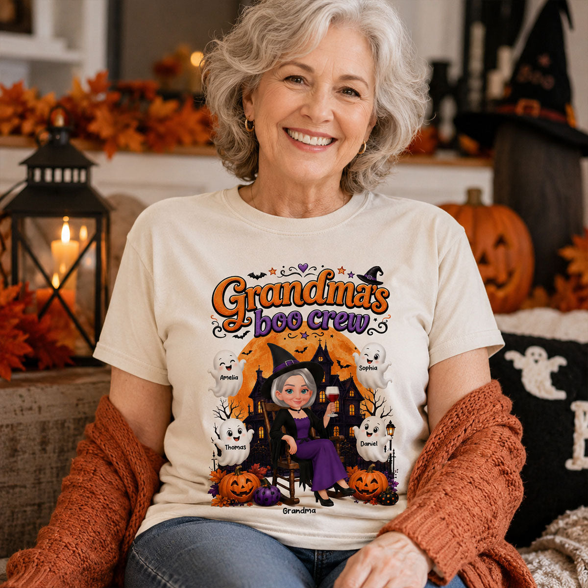 Cute Halloween Haunted House Grandma's Boo Crew - Personalized Shirt - Halloween Gift For Grandma