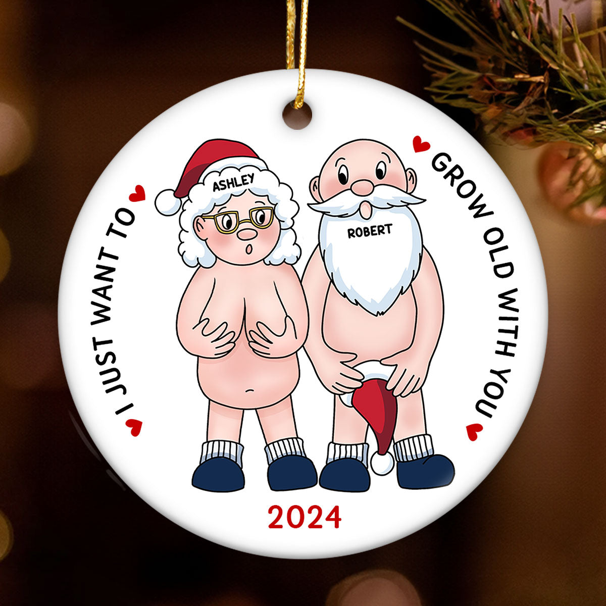 Funny Old Couple Personalized Circle Ceramic Ornament Christmas Gift for Him for Her